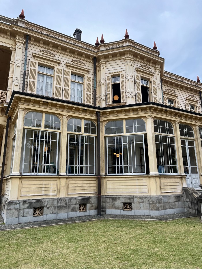 Window side of the building, facing the gardens